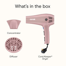 Hand holding Conair dryer to show size and weight, brand benefits lightweight comfortable use