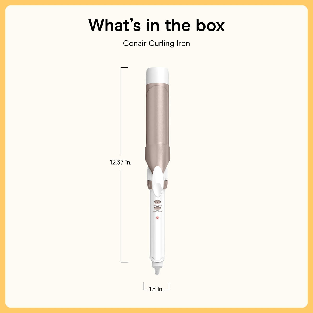 Conair curling iron next to hand to show 1.5-inch barrel scale and size