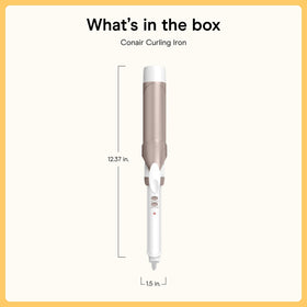 Conair curling iron next to hand to show 1.5-inch barrel scale and size