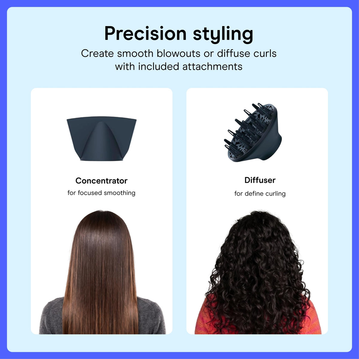 Conair SmoothWrap concentrator attachment in use, enables precise, smooth blowouts