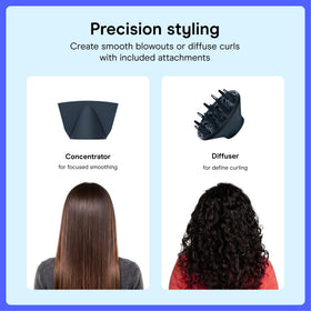 Conair SmoothWrap concentrator attachment in use, enables precise, smooth blowouts