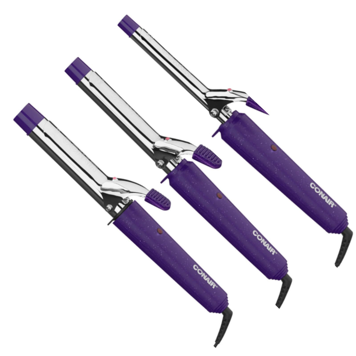 Conair Supreme set front view showing three purple barrels and convenient storage