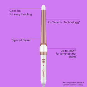 Conair close-up of double ceramic tapered barrel for even heat distribution benefit