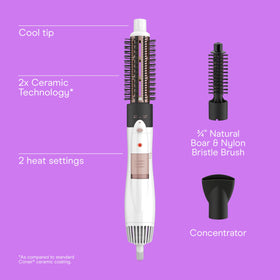 Conair thermal brush closeup highlighting ceramic tourmaline barrel for even heat and smooth results