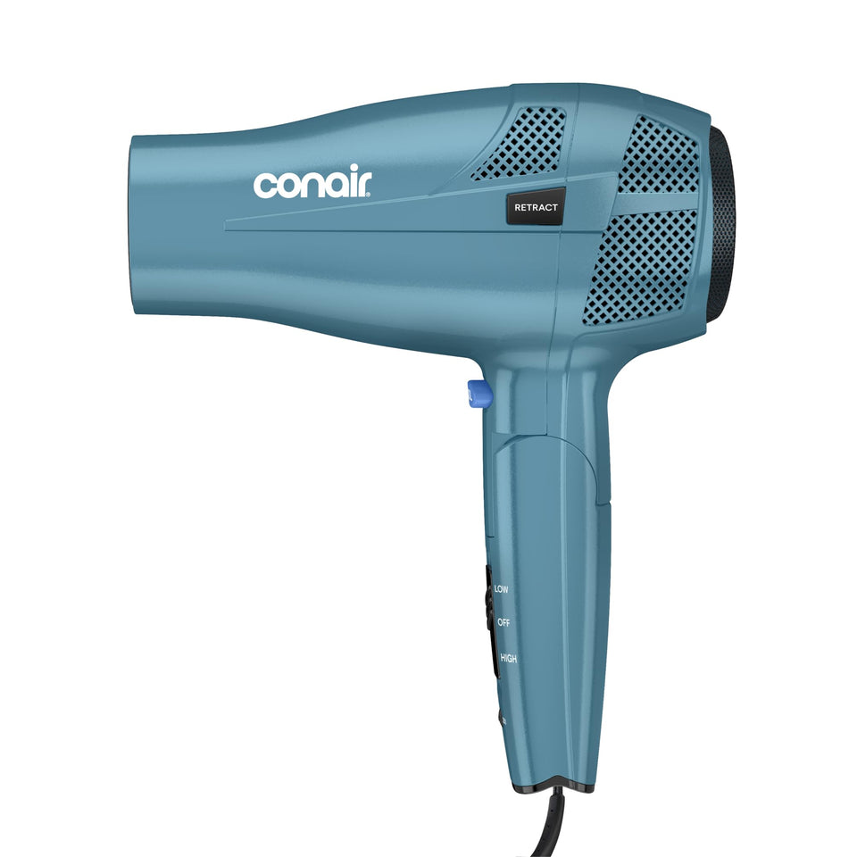 Conair travel hair dryer front view showing compact design and fast drying benefit