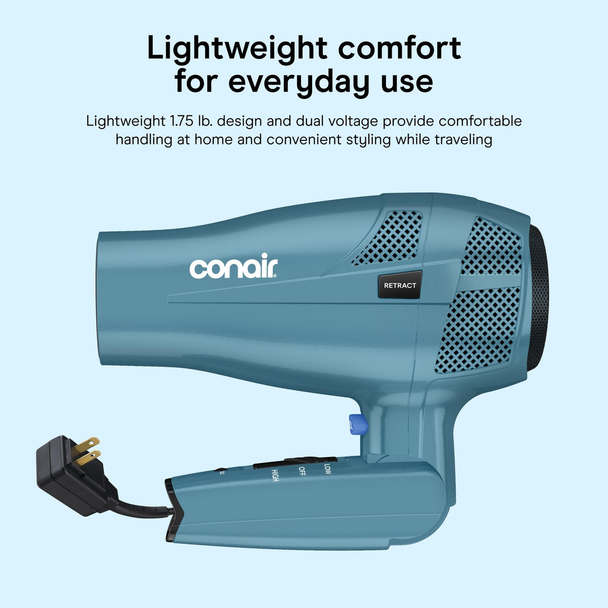 Conair travel hair dryer inside a carry-on bag for convenient travel use