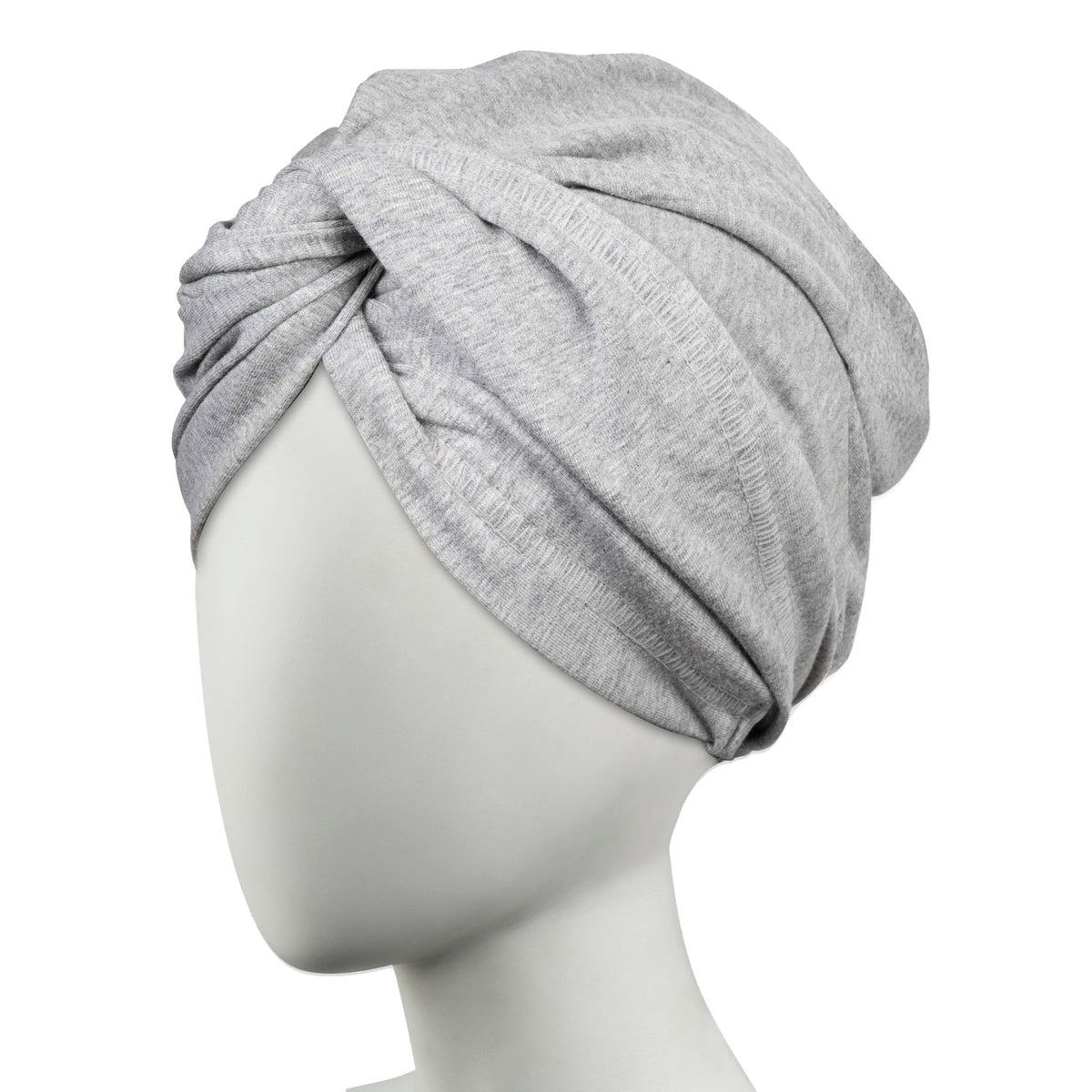 Conair turban front view showing compact gray wrap and easy twist benefit