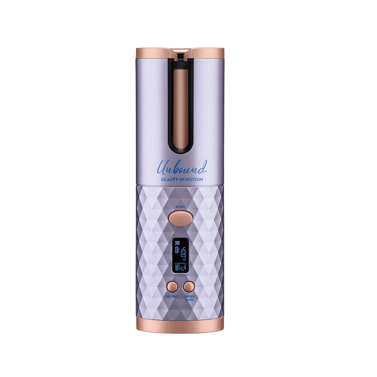 Conair Unbound front view showing sleek cordless curler and ergonomic grip for travel