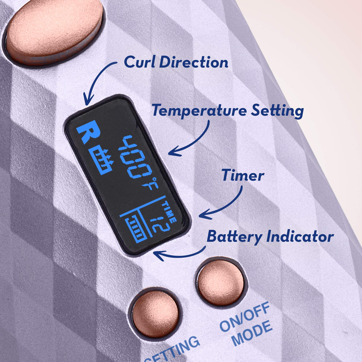Conair Unbound LCD display showing heat timer and battery for precise styling