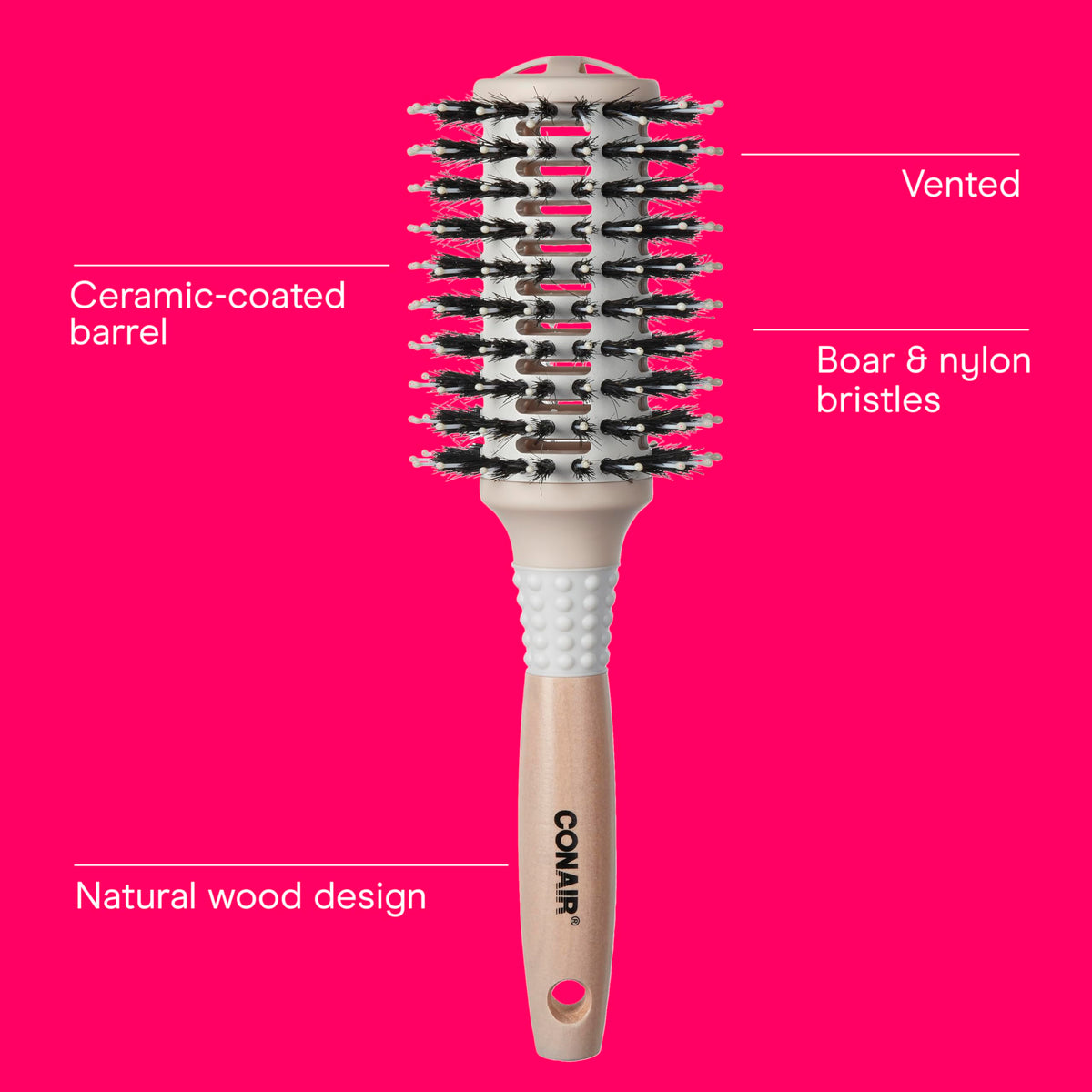 Conair vented ceramic barrel close-up enabling faster, even blow-drying