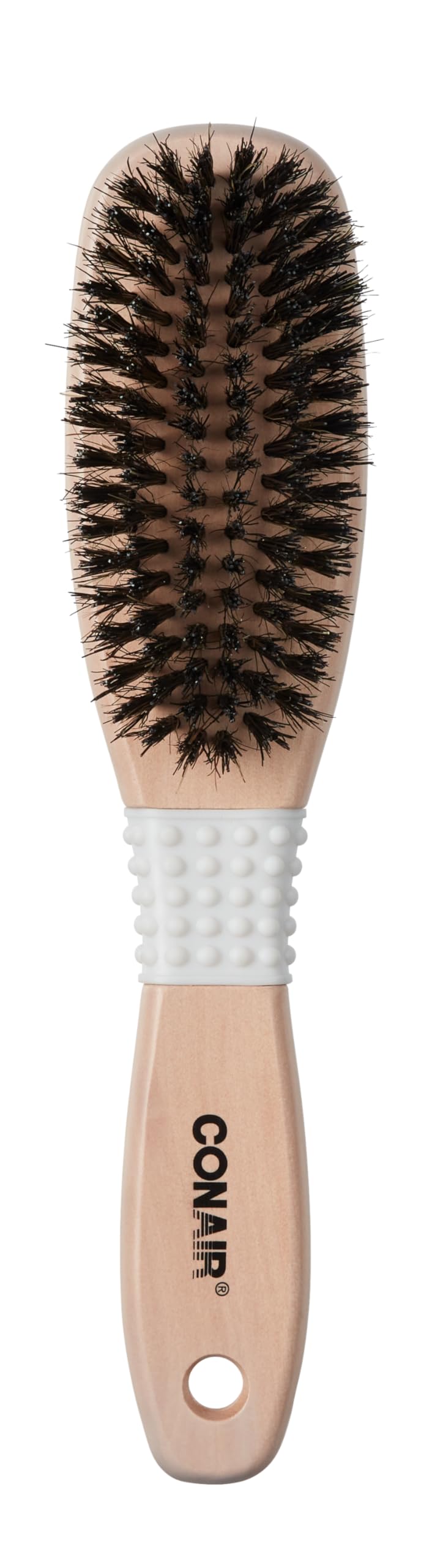 Conair wooden-handle brush front view showing smooth finish and control