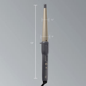 Conair You Curl next to ruler for size comparison showing 1 to 1/2 inch tapered range