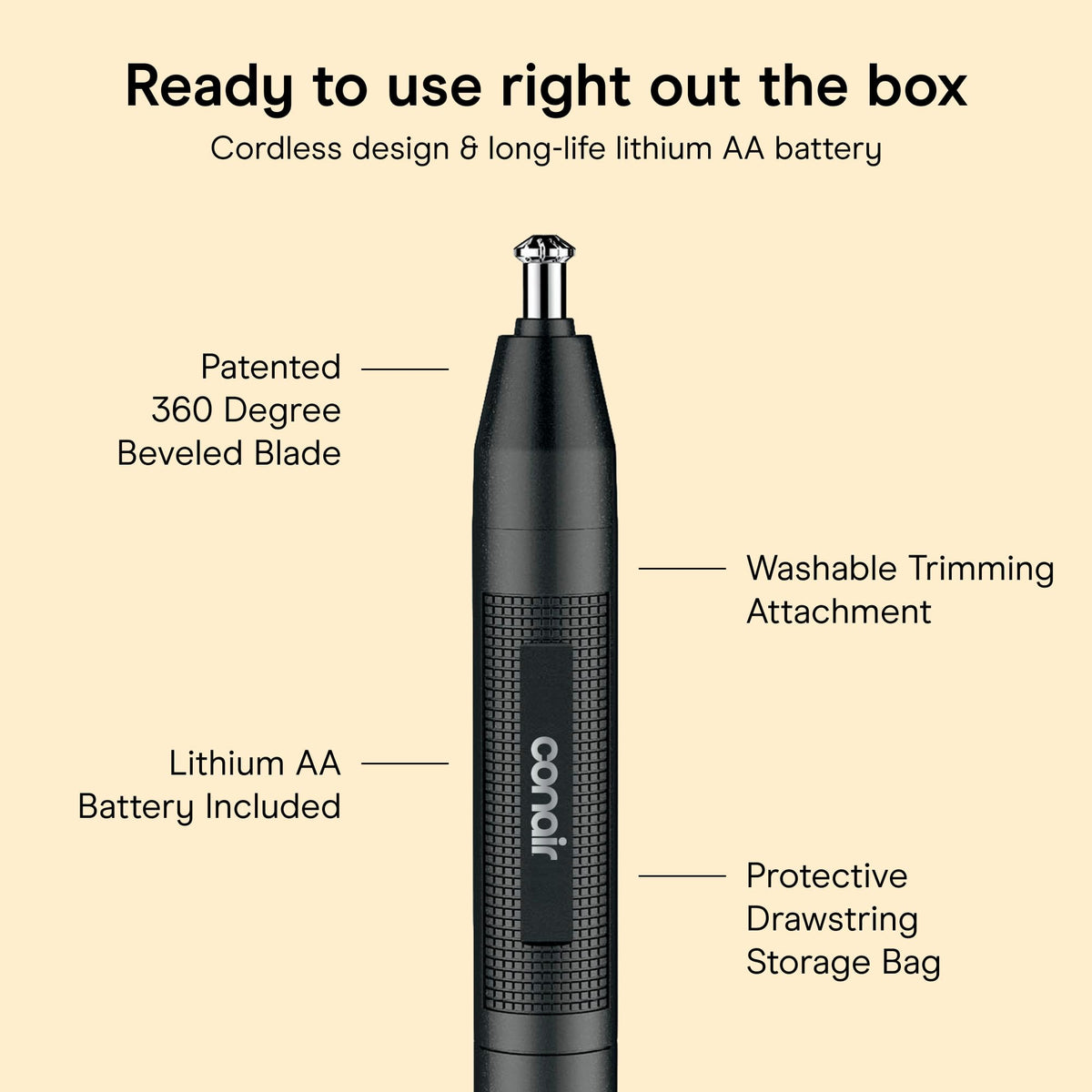 ConairMAN open battery compartment with AA installed for cordless use