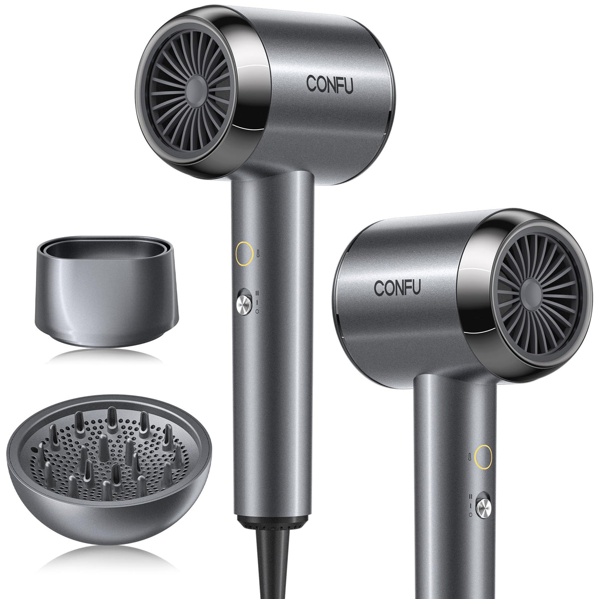 CONFU front view hair dryer showing compact design and fast drying benefit
