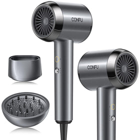 CONFU front view hair dryer showing compact design and fast drying benefit