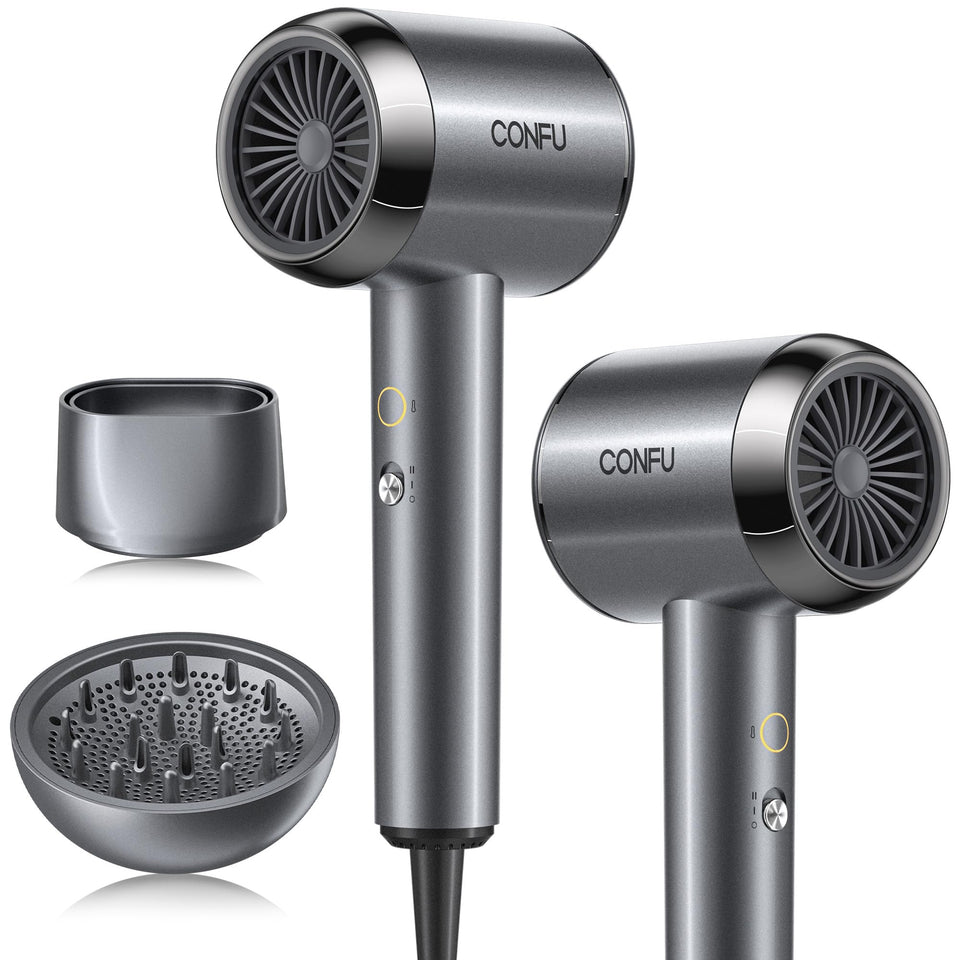 CONFU front view hair dryer showing compact design and fast drying benefit