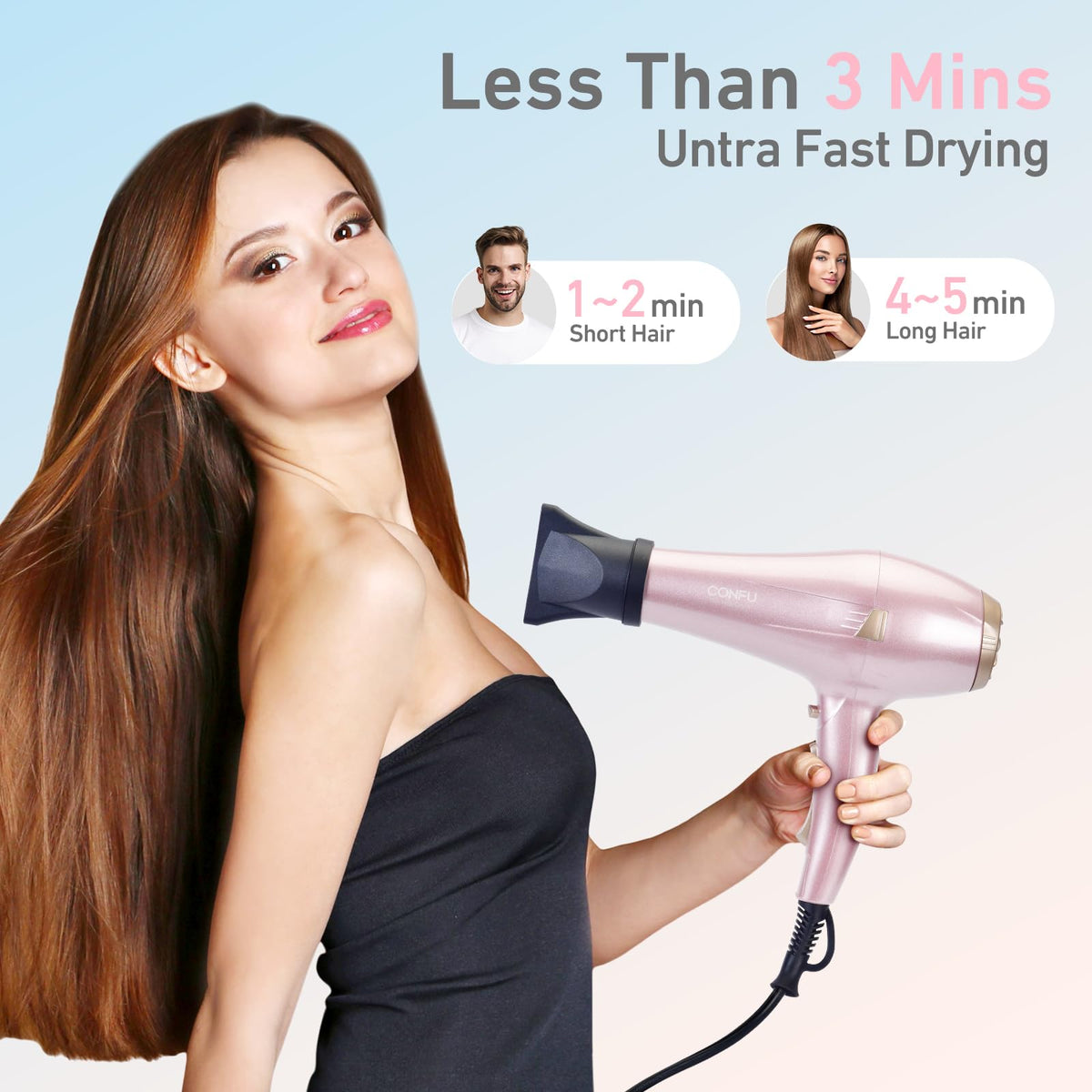 CONFU hair dryer with concentrator nozzle focused airflow for smooth blowouts