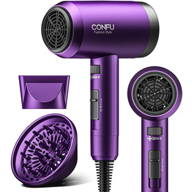 CONFU hair dryer front view showing controls and sleek profile, easy styling