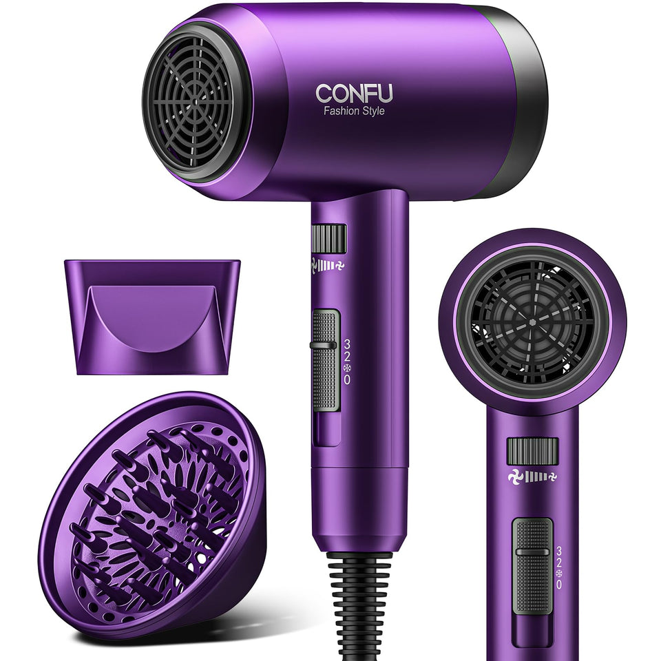 CONFU hair dryer front view showing controls and sleek profile, easy styling