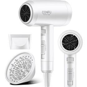 CONFU hair dryer front view showing compact design and power benefits
