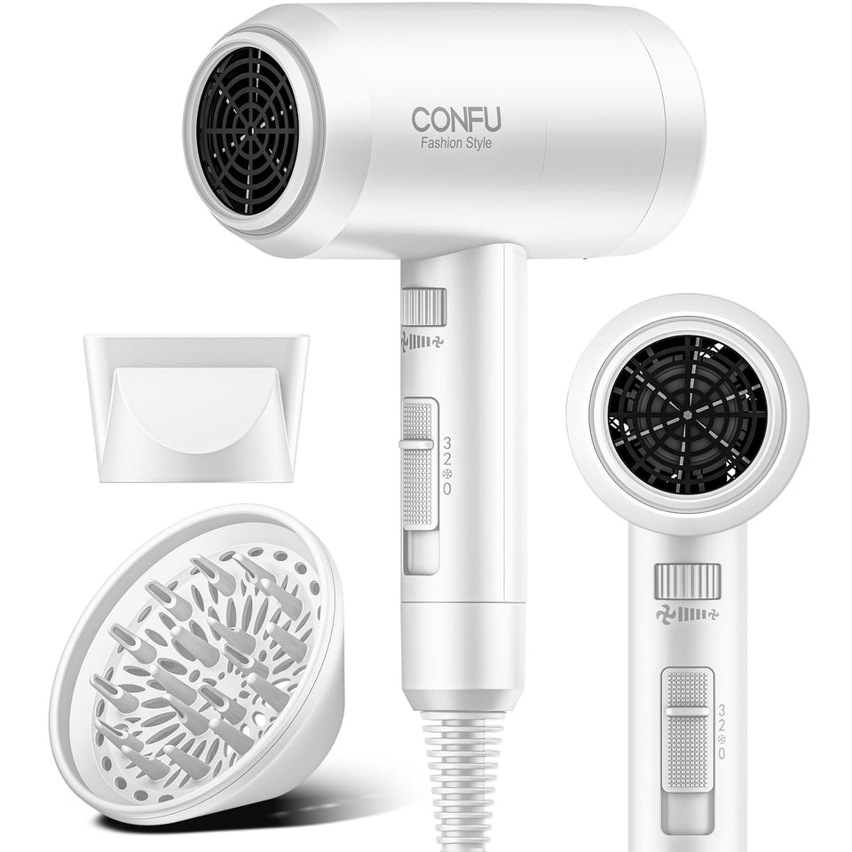 CONFU hair dryer front view showing compact design and power benefits