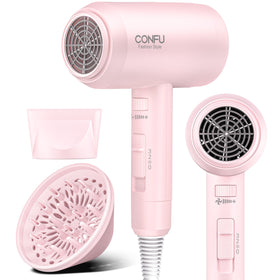 CONFU hair dryer front view showing compact body and controls for fast drying