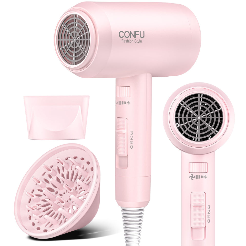 CONFU hair dryer front view showing compact body and controls for fast drying