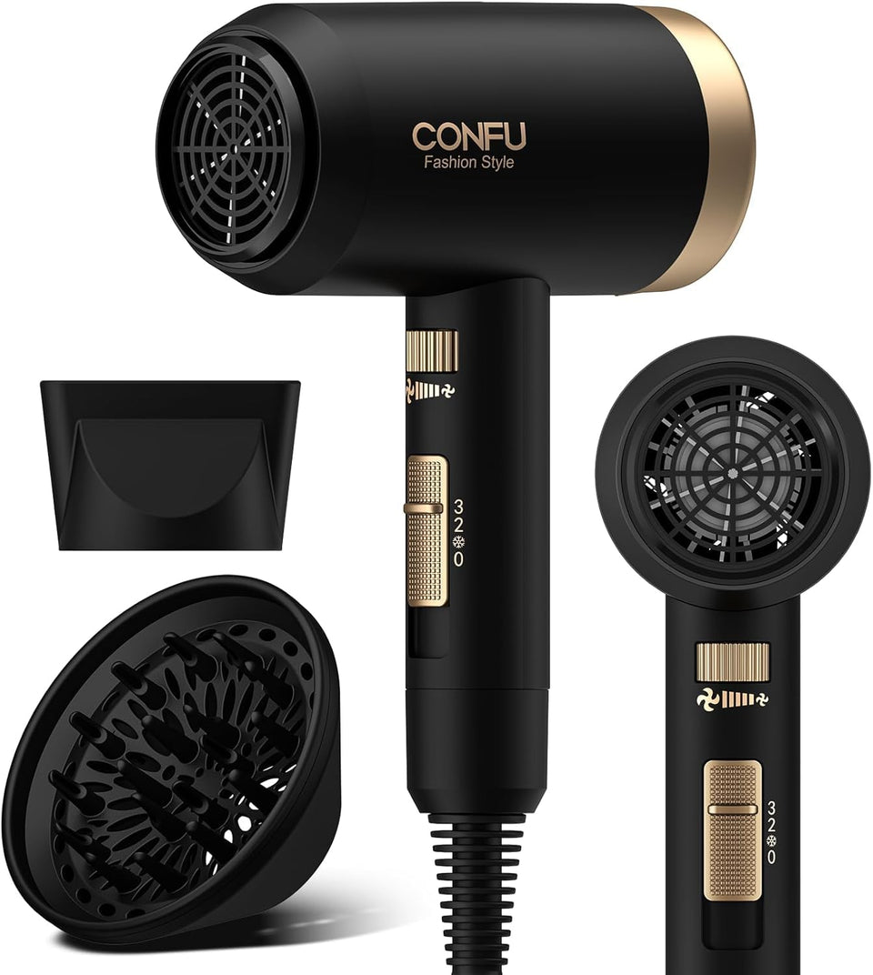 CONFU hair dryer front view showing compact design and fast-dry benefit