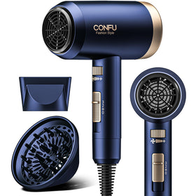 CONFU hair dryer front view showing controls and compact design for fast drying