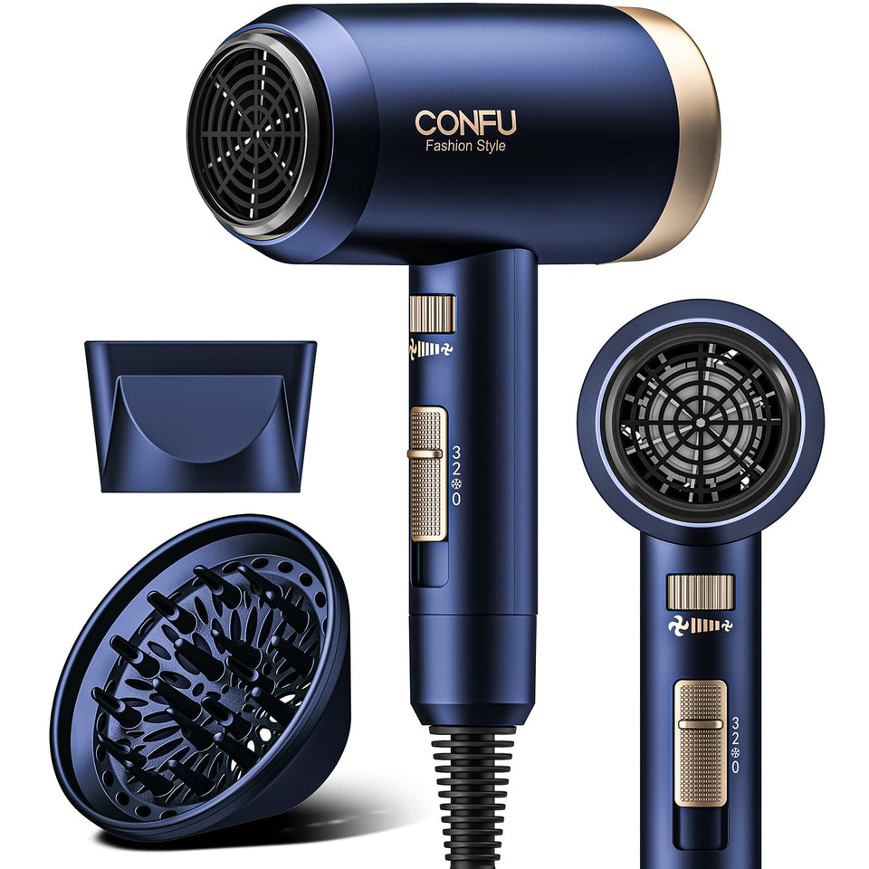 CONFU hair dryer front view showing controls and compact design for fast drying