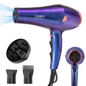 CONFU hair dryer front view showing sleek design and fast-drying benefit