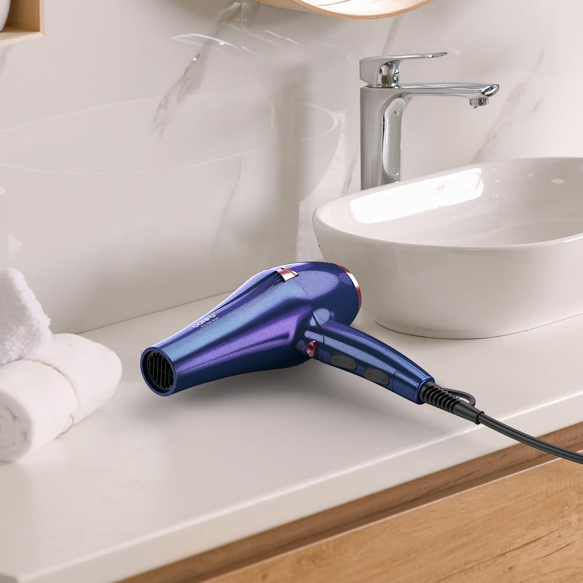 CONFU hair dryer beside ruler showing 8-foot cord for extended reach benefit