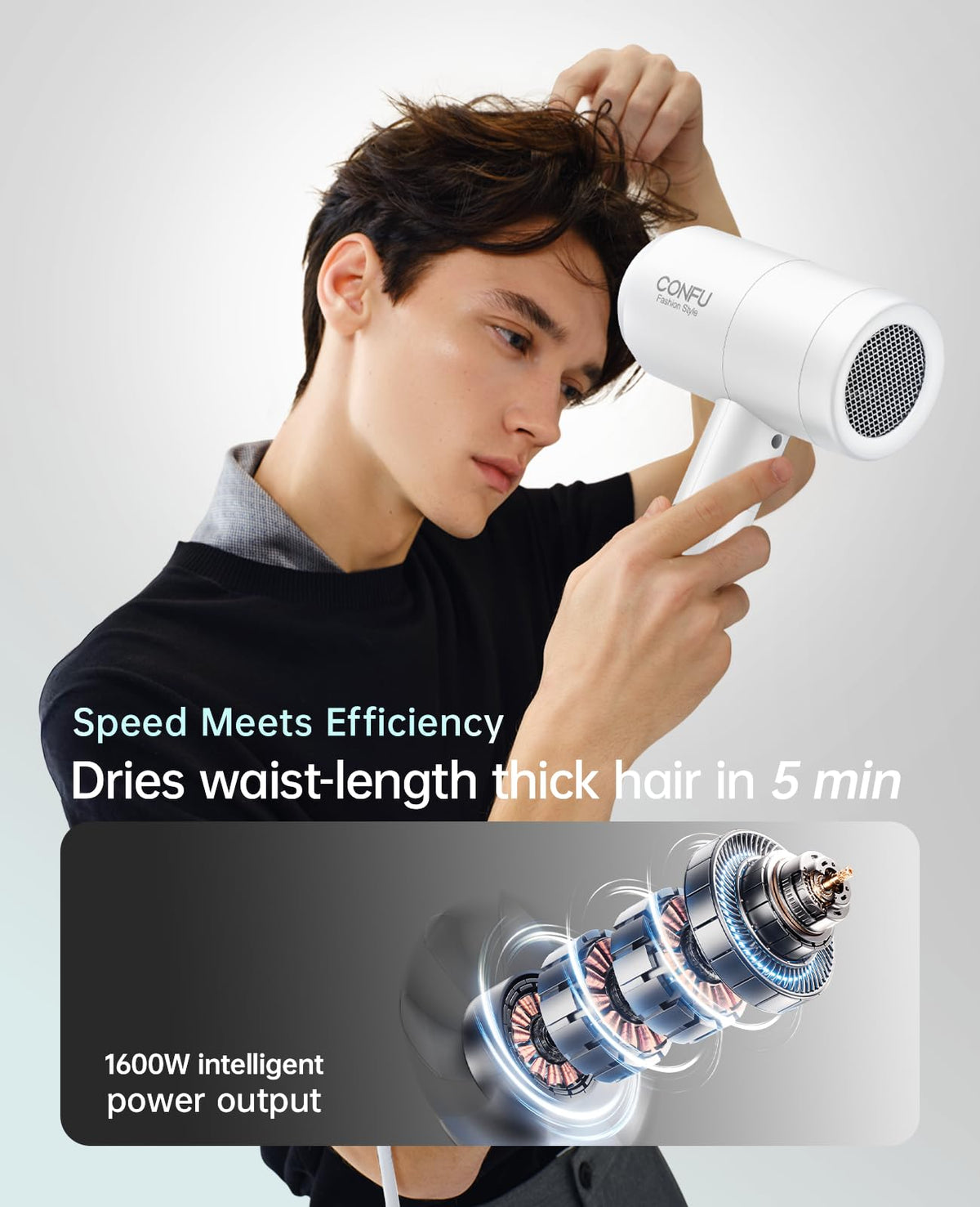 CONFU hair dryer with diffuser attached enhances curls and volume