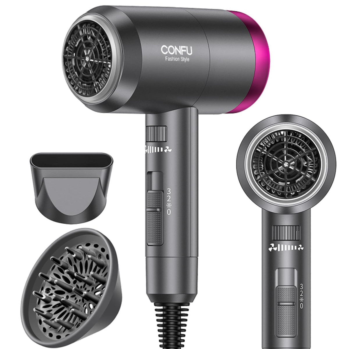 CONFU ionic blow dryer front view showing controls and compact design for travel