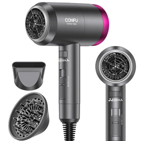 CONFU ionic blow dryer front view showing controls and compact design for travel
