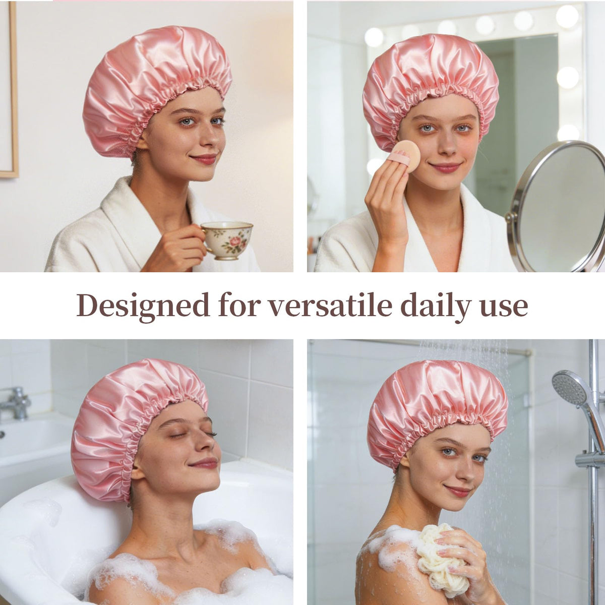 Confvrter cap worn in shower illustrating dry protected hair and leak resistance
