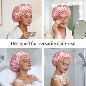 Confvrter cap worn in shower illustrating dry protected hair and leak resistance
