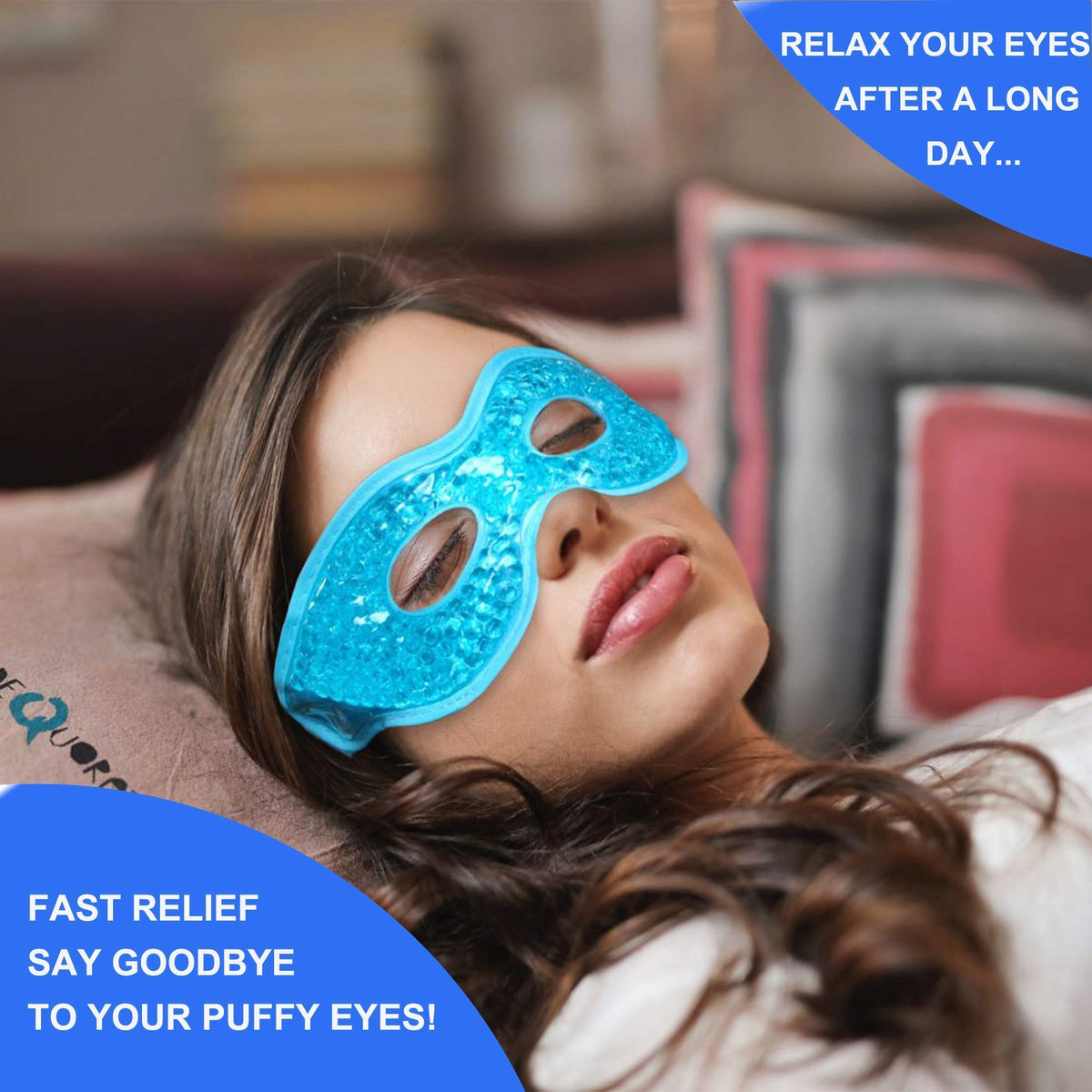 CONSGIJI mask on model using it to relax and reduce eye puffiness