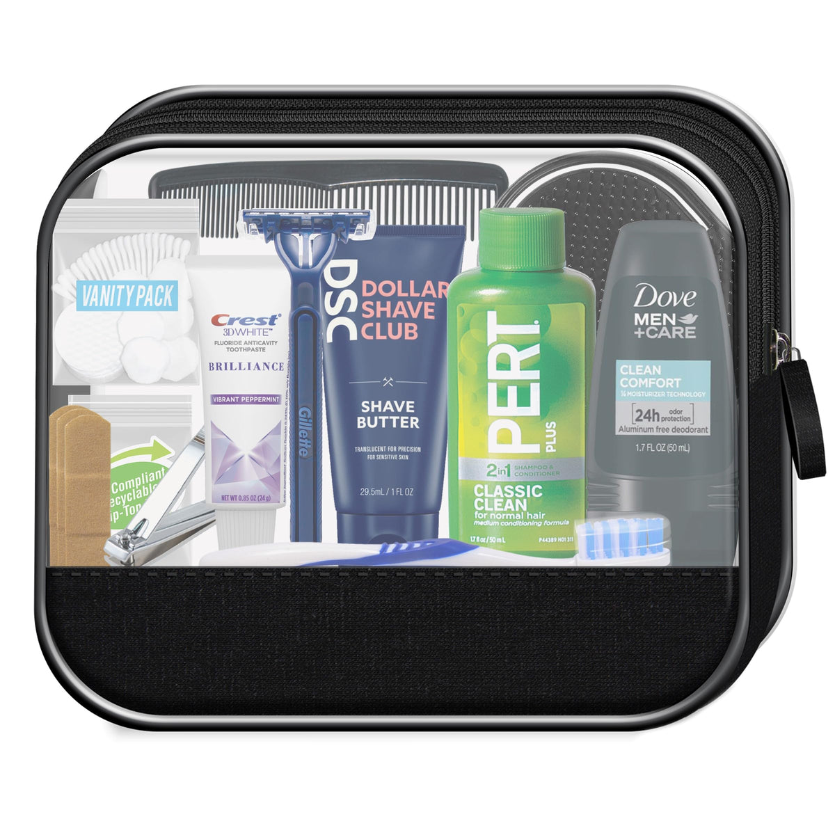 Convenience Kits International contents laid out demonstrating included toiletries and grooming tools for quick check