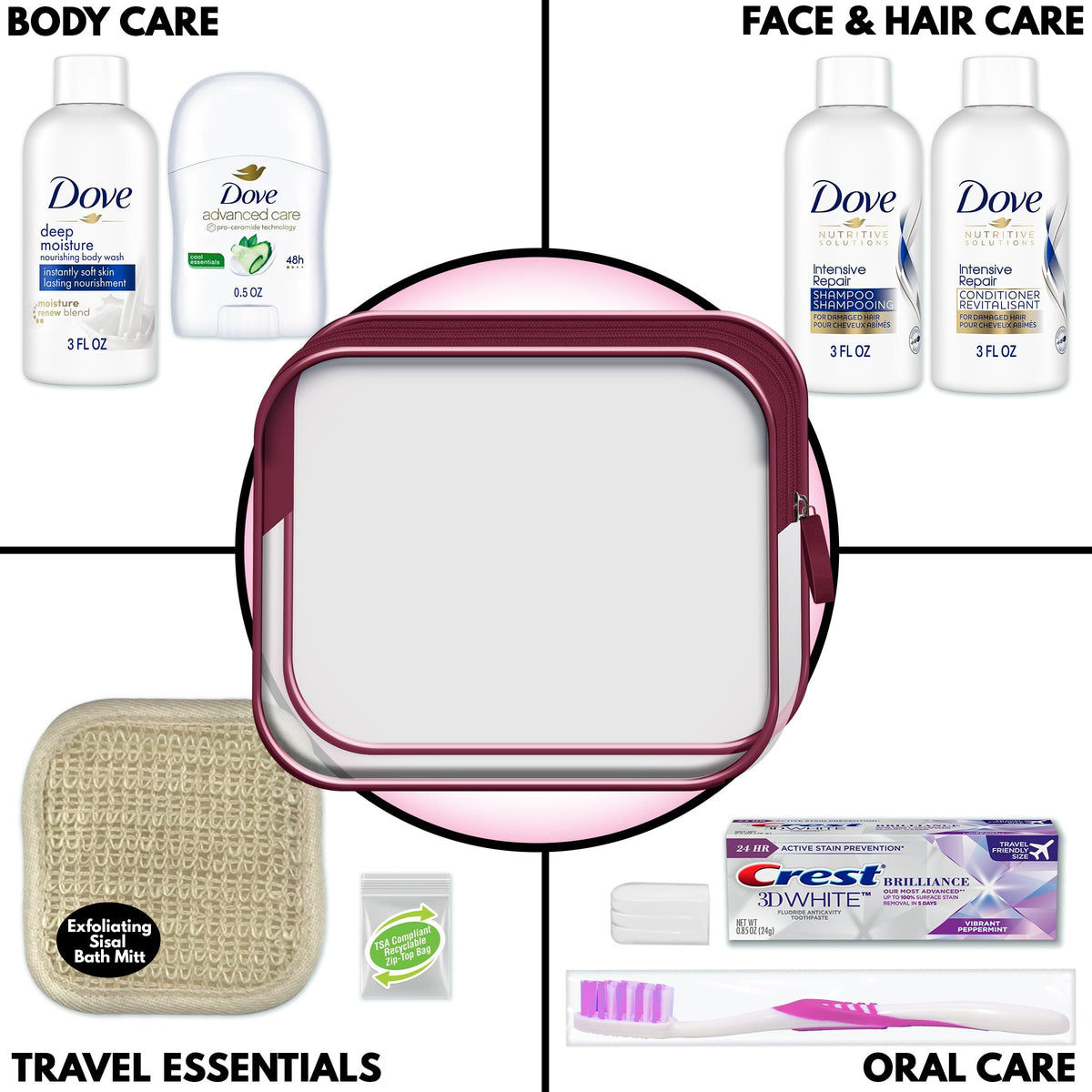 Convenience Kits International close-up of Dove shampoo and conditioner showing quality care