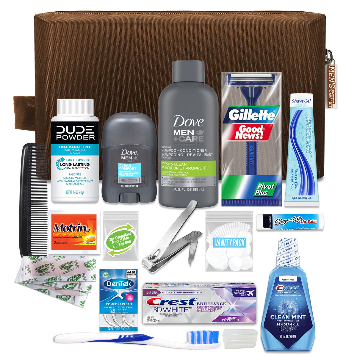 Convenience Kits International front view of brown dopp bag showing compact travel kit benefit