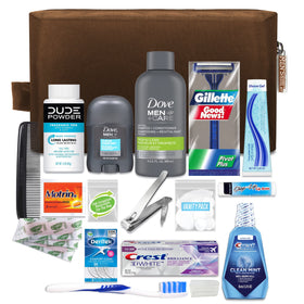 Convenience Kits International front view of brown dopp bag showing compact travel kit benefit