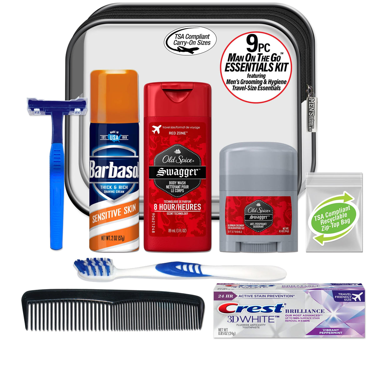 Convenience Kits International open bag displaying all nine items for quick packing benefit