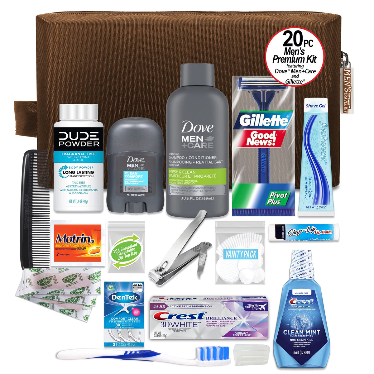 Convenience Kits International open dopp bag with all 20 items displayed for easy packing