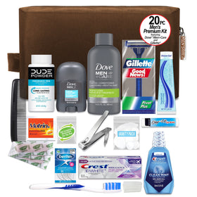Convenience Kits International open dopp bag with all 20 items displayed for easy packing