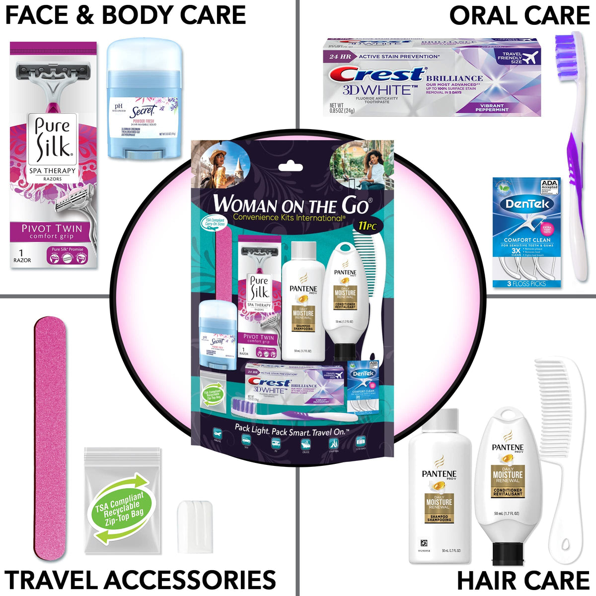Convenience Kits International close-up of included travel toiletries demonstrating compact, TSA-compliant convenience