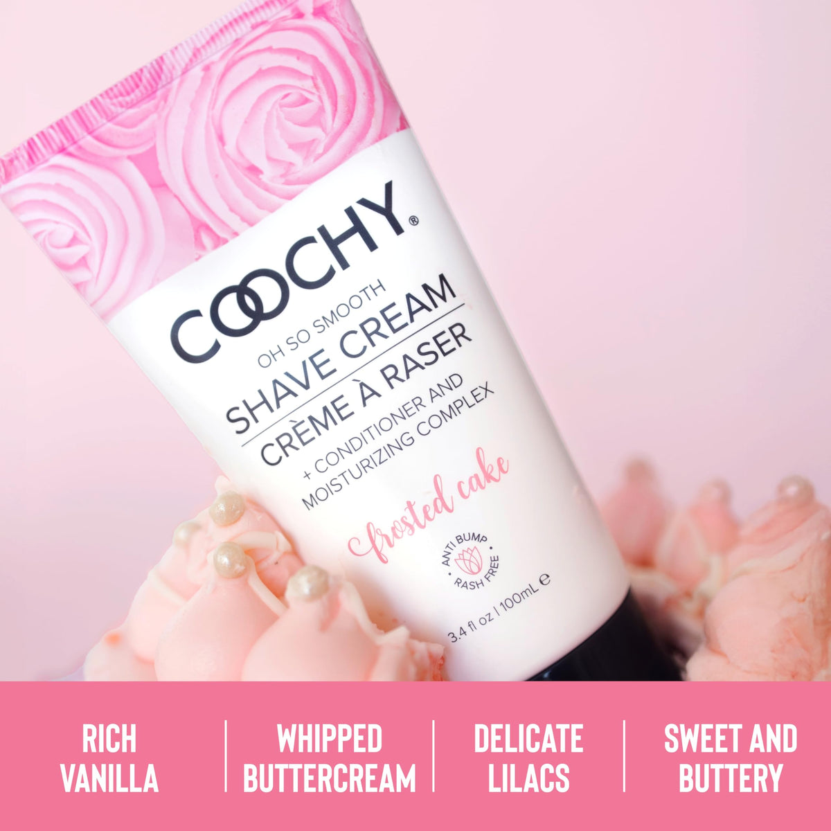 Coochy bottle staged with razor and towel conveying post-shave softness benefit