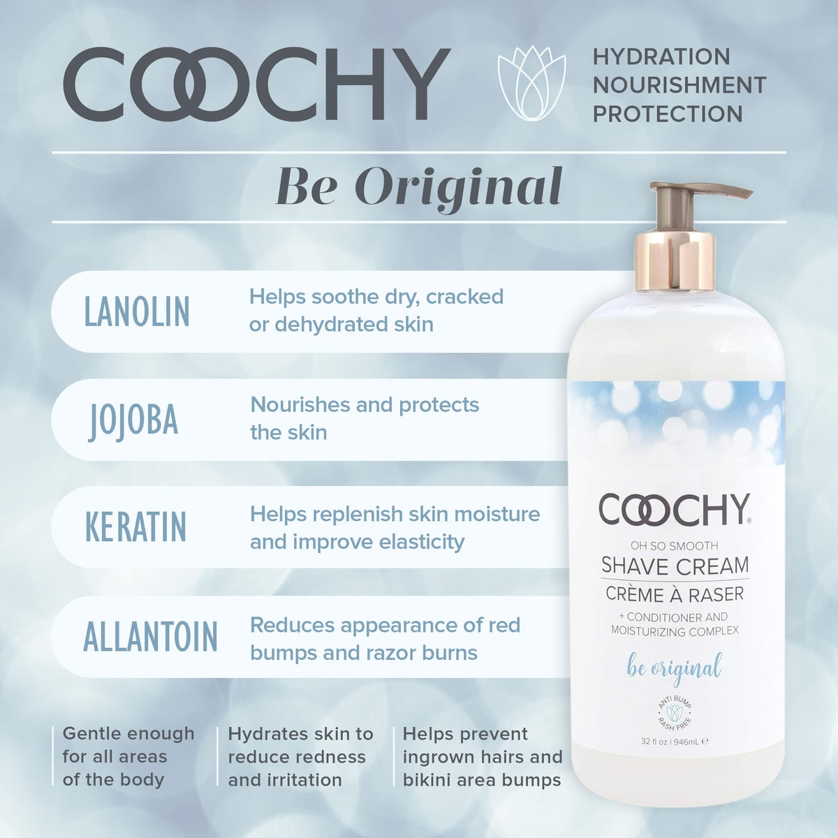 Coochy shave in use on leg demonstrating smooth glide and comfortable shave results