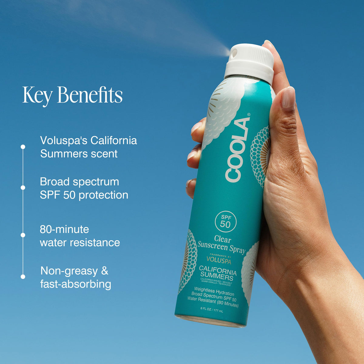 COOLA close-up clear texture on skin showing fast-absorbing benefit