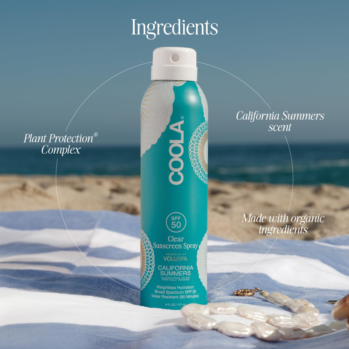 COOLA bottle with sea salt and vanilla props highlighting scent benefit